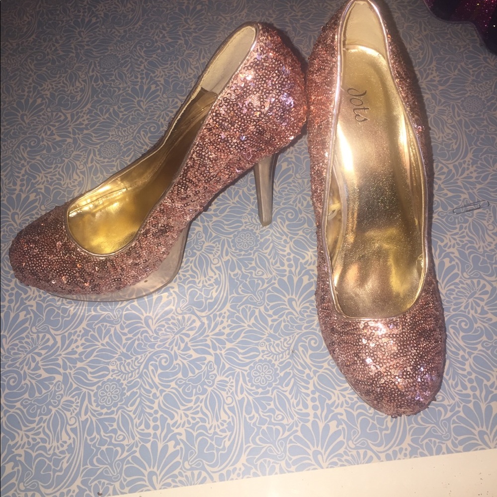 Rose gold sequin platform pumps